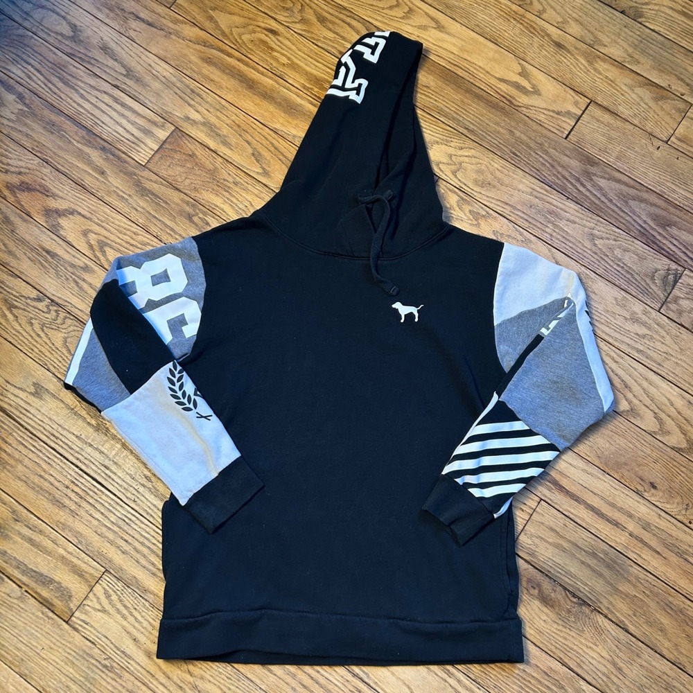 Victoria's Secret PINK Colorblock Hoodie Black Grey White Graphic Pullover Small